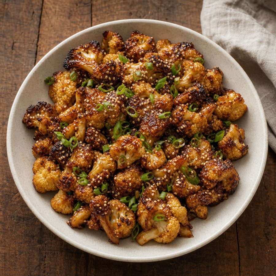 Miso-glazed roasted cauliflower with sesame seeds and scallions