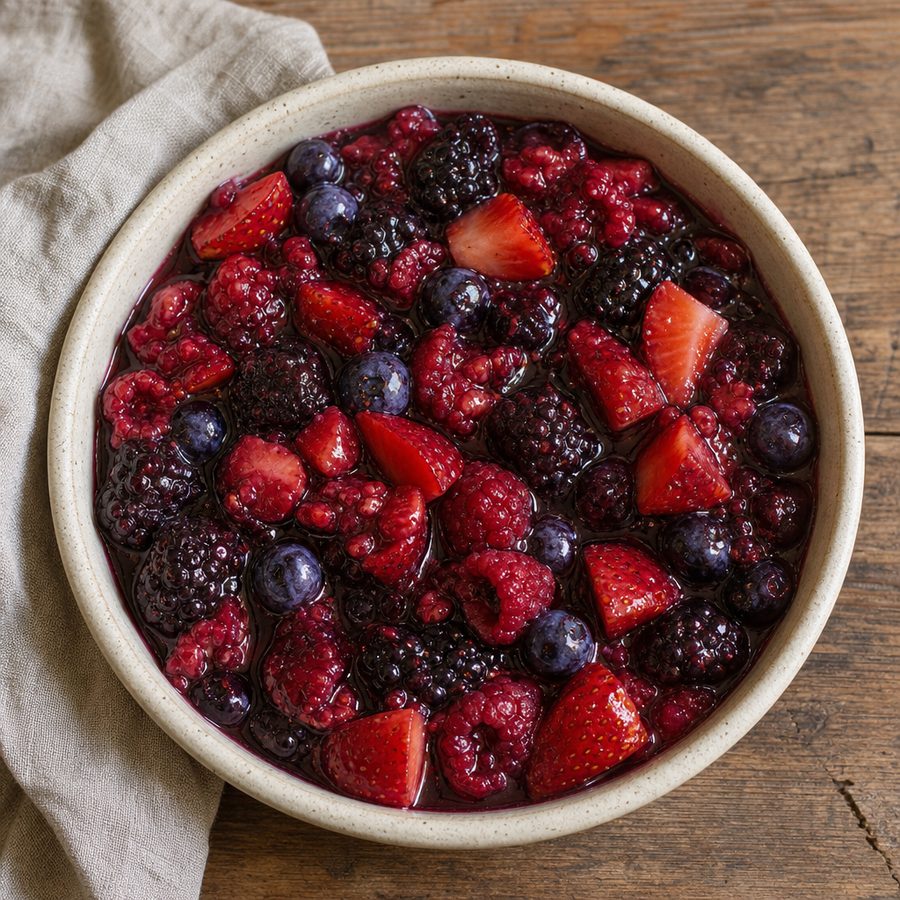 Small bowl of jammy mixed berry compote
