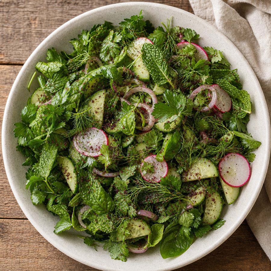 Mixed herb salad with cucumber, radish and sumac