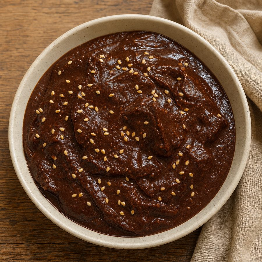 Small bowl of dark, glossy mole sauce with sesame seeds
