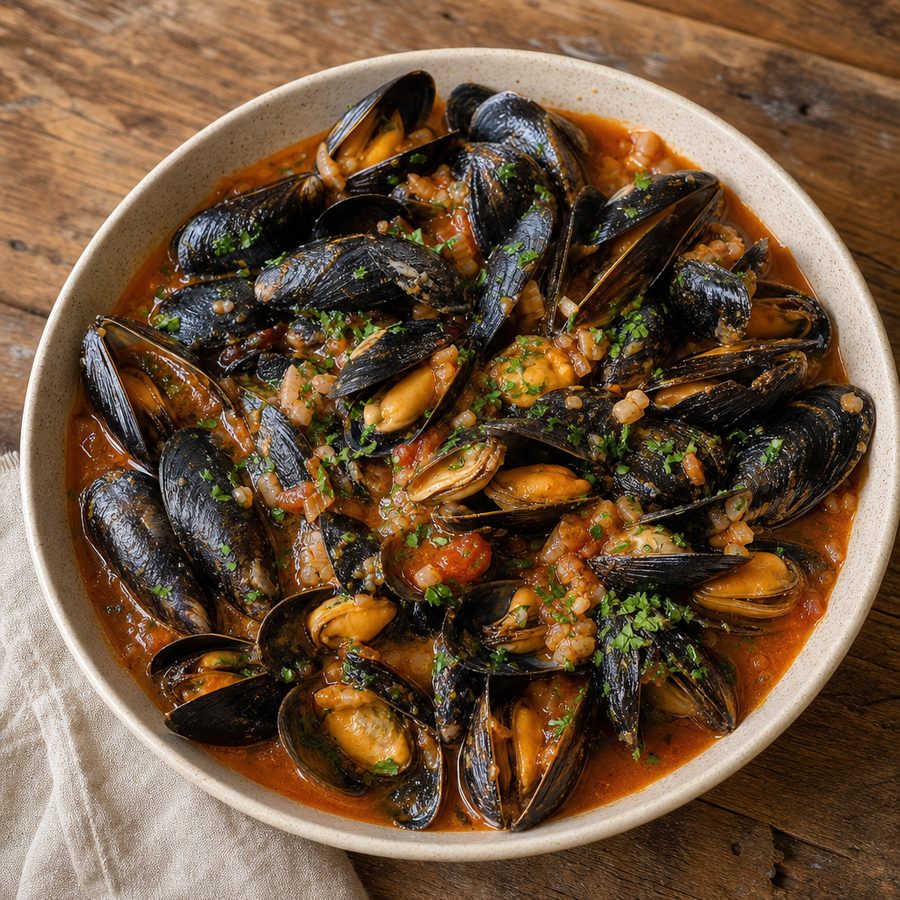Mussels in paprika tomato broth with parsley