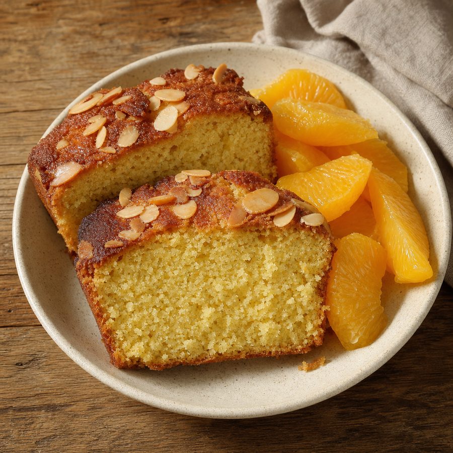 Orange almond olive oil cake slices with fresh orange segments