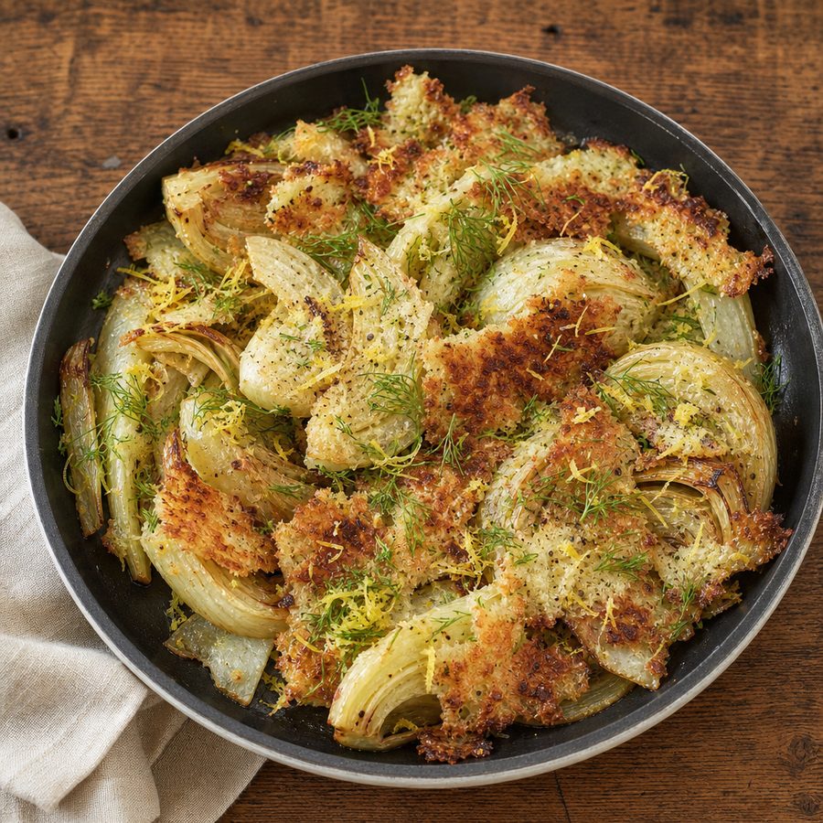 Pan-seared fennel wedges with crisp browned parmesan in a skillet