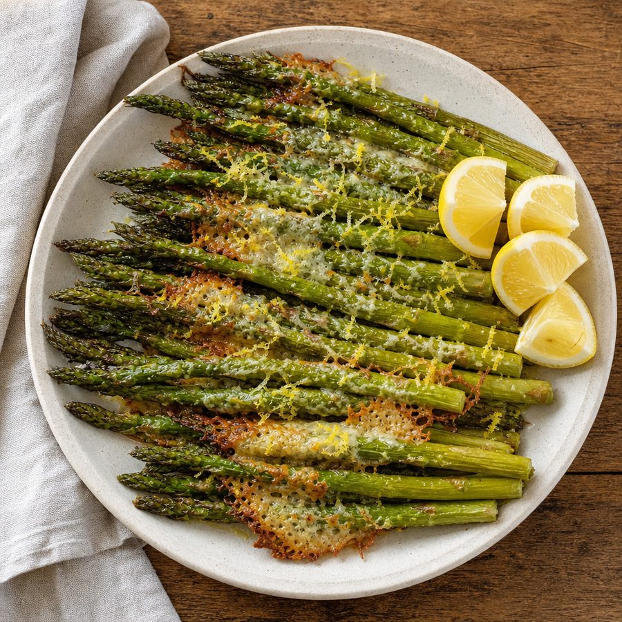 Parmesan roasted asparagus with lemon wedges