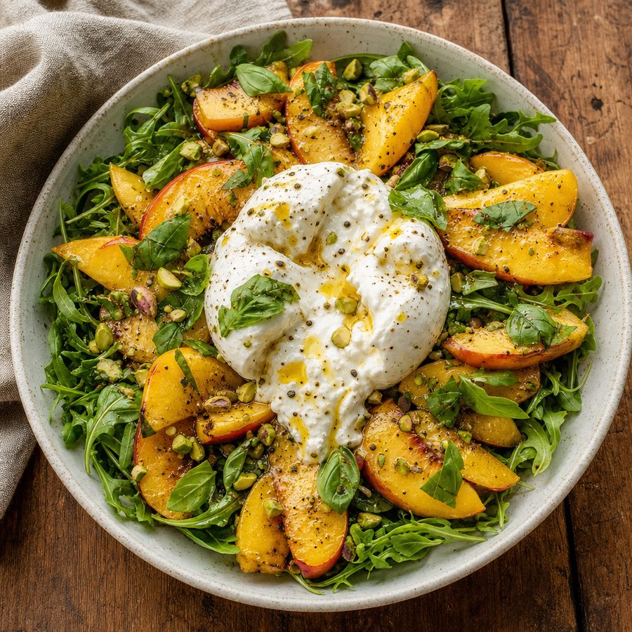 Peach and burrata salad with arugula, basil and pistachios