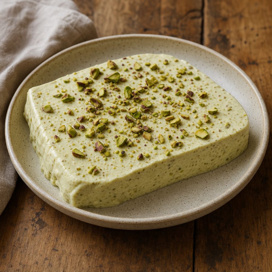 Slice of pistachio semifreddo topped with chopped pistachios