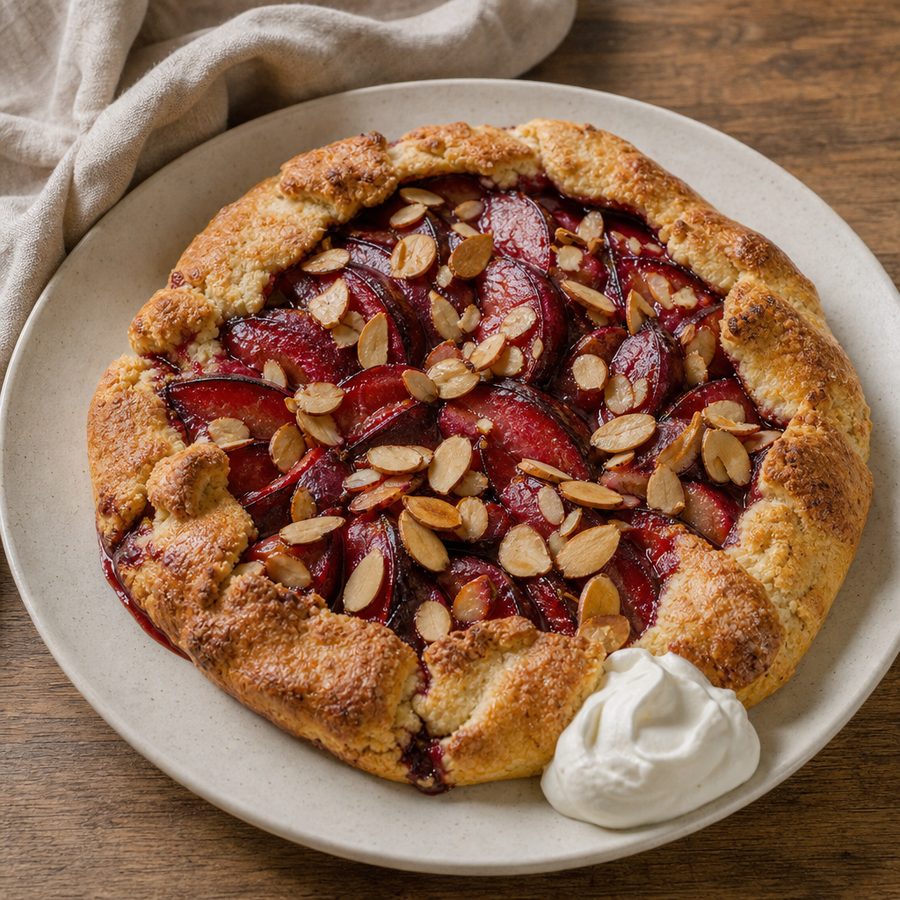 Plum almond galette with whipped cream