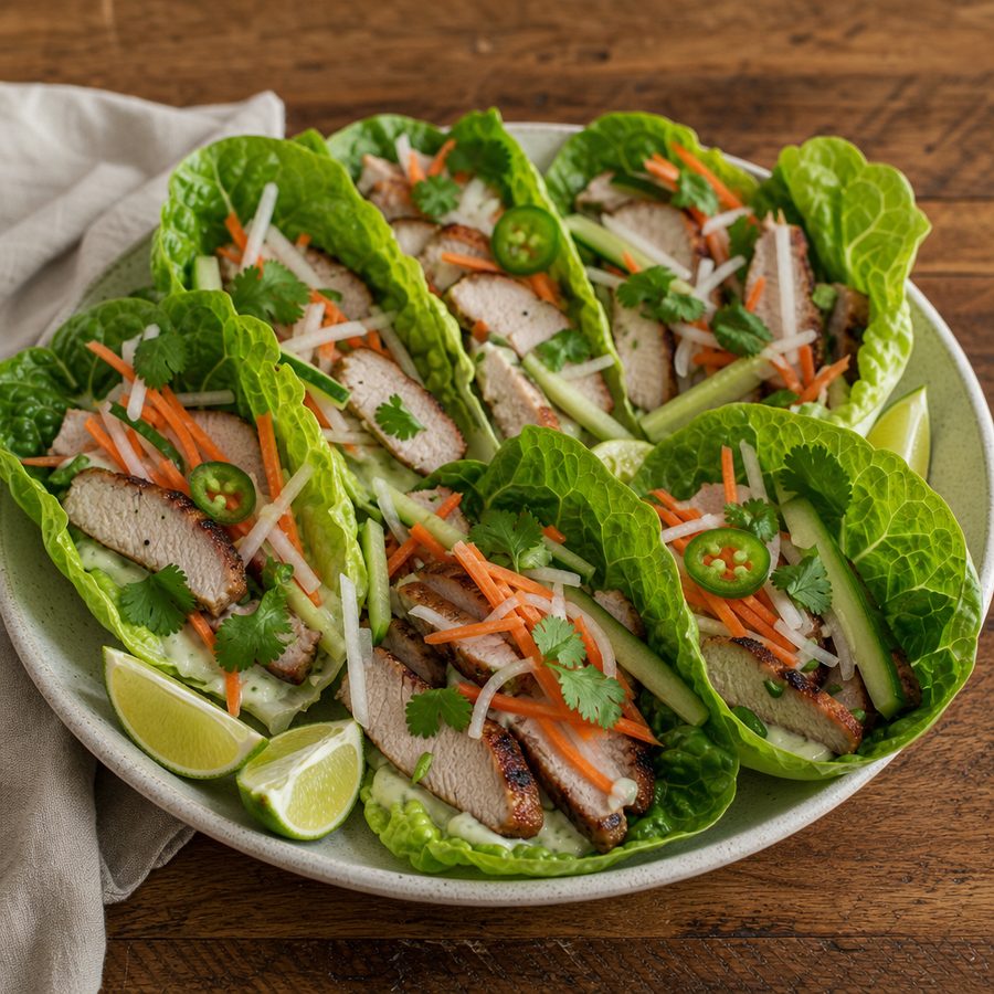 Pork banh mi in romaine leaves with pickled daikon and carrot