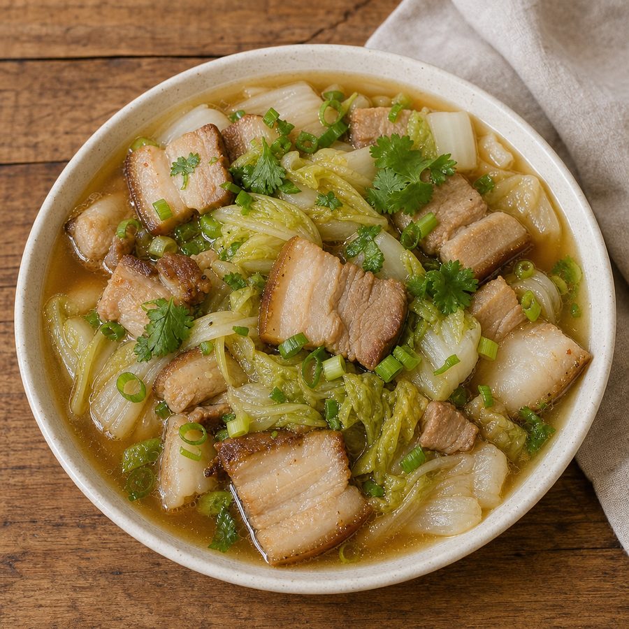 Pork belly and napa cabbage soup with scallions and cilantro
