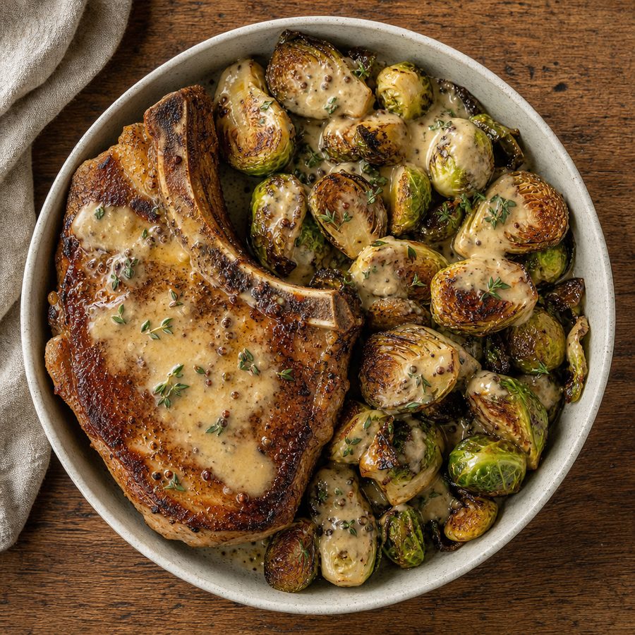 Seared pork chop with Brussels sprouts in Dijon cream sauce