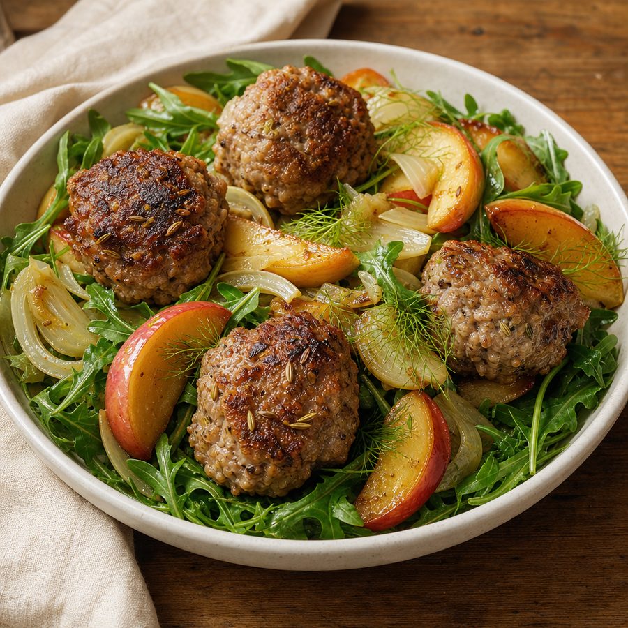Pork and fennel meatballs over sautéed apples, fennel and arugula