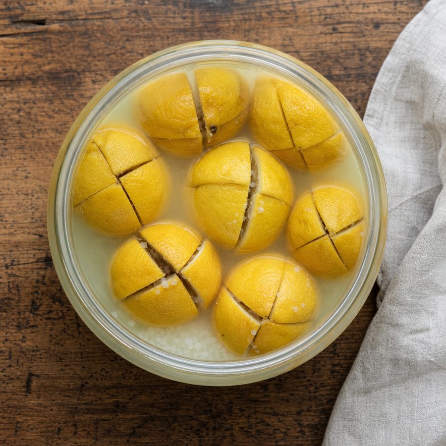 Jar of salt-preserved lemons covered in lemon juice
