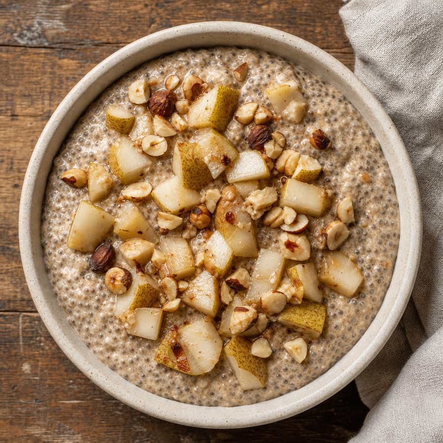 Spiced chia pudding topped with diced pear and hazelnuts