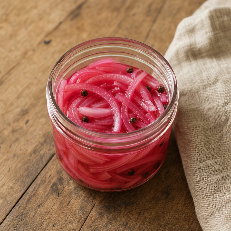 Bright pink quick-pickled red onions in a glass jar