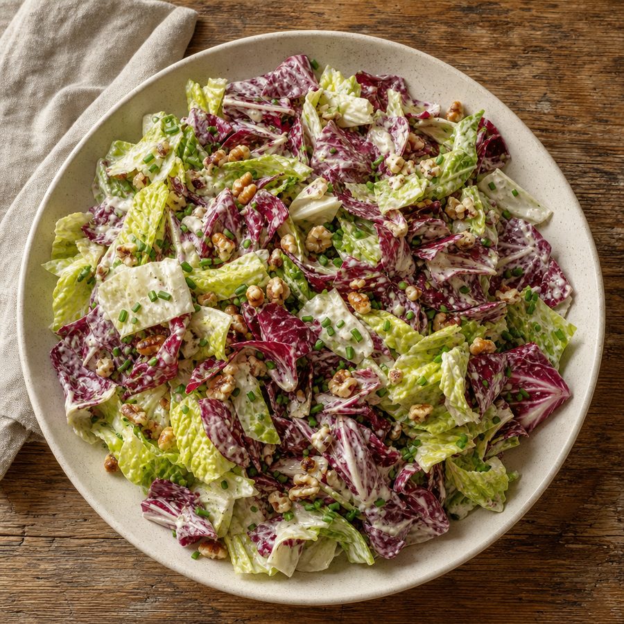 Radicchio and romaine salad with creamy mustard dressing and walnuts