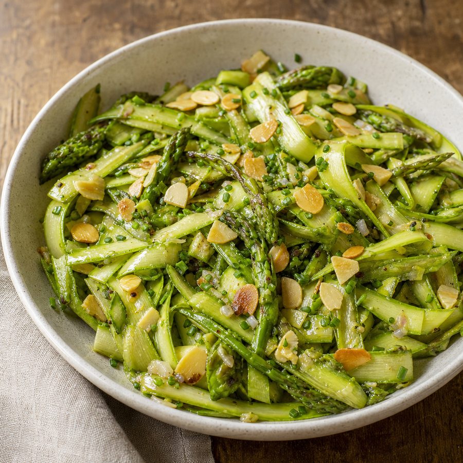Shaved raw asparagus ribbons with almonds and chives