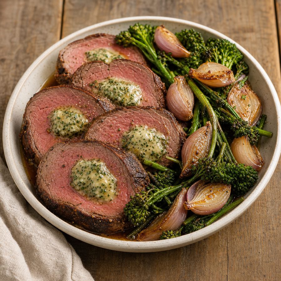 Sliced beef tenderloin with herb butter, shallots and broccolini