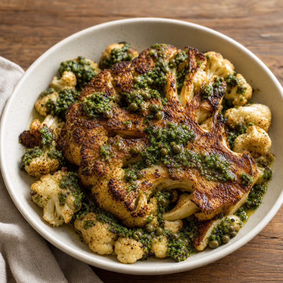 Roasted cauliflower steak with bright green salsa verde