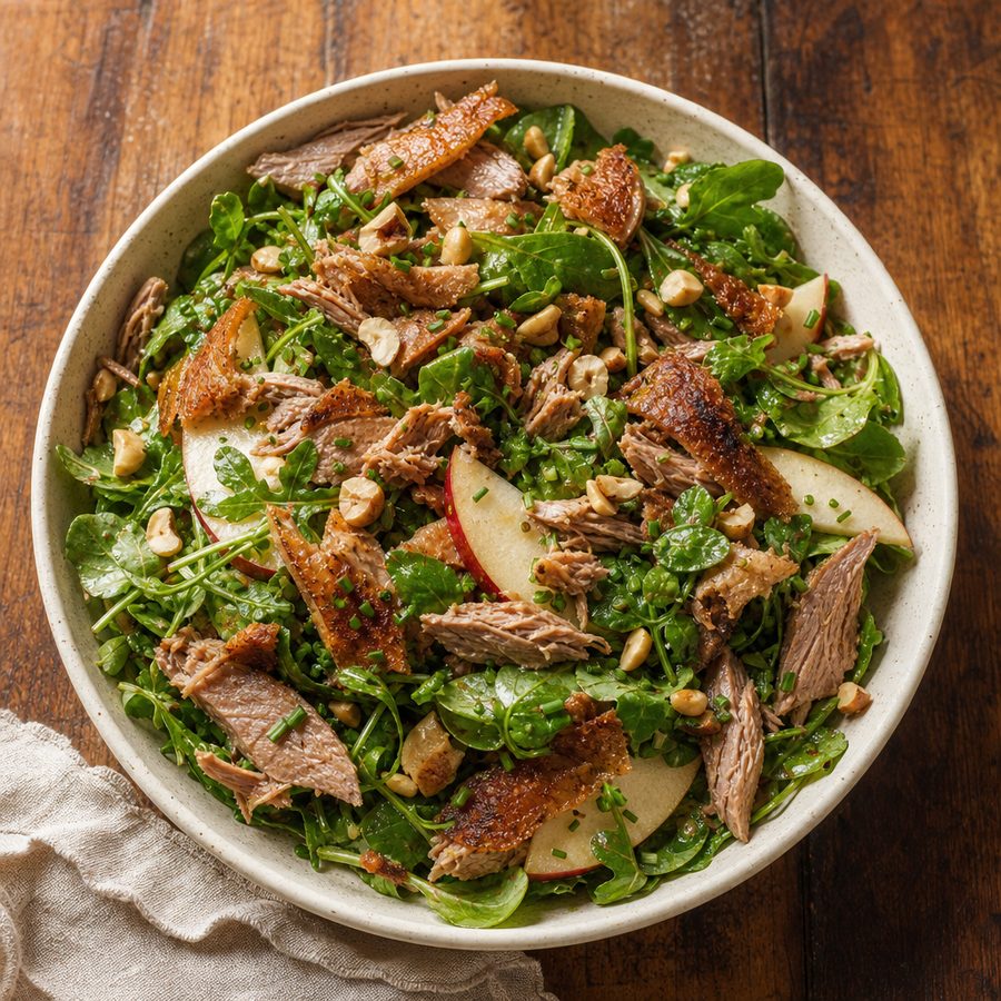 Roasted duck salad with pears, hazelnuts and watercress