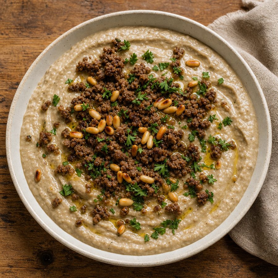 Roasted eggplant tahini soup topped with spiced beef and pine nuts