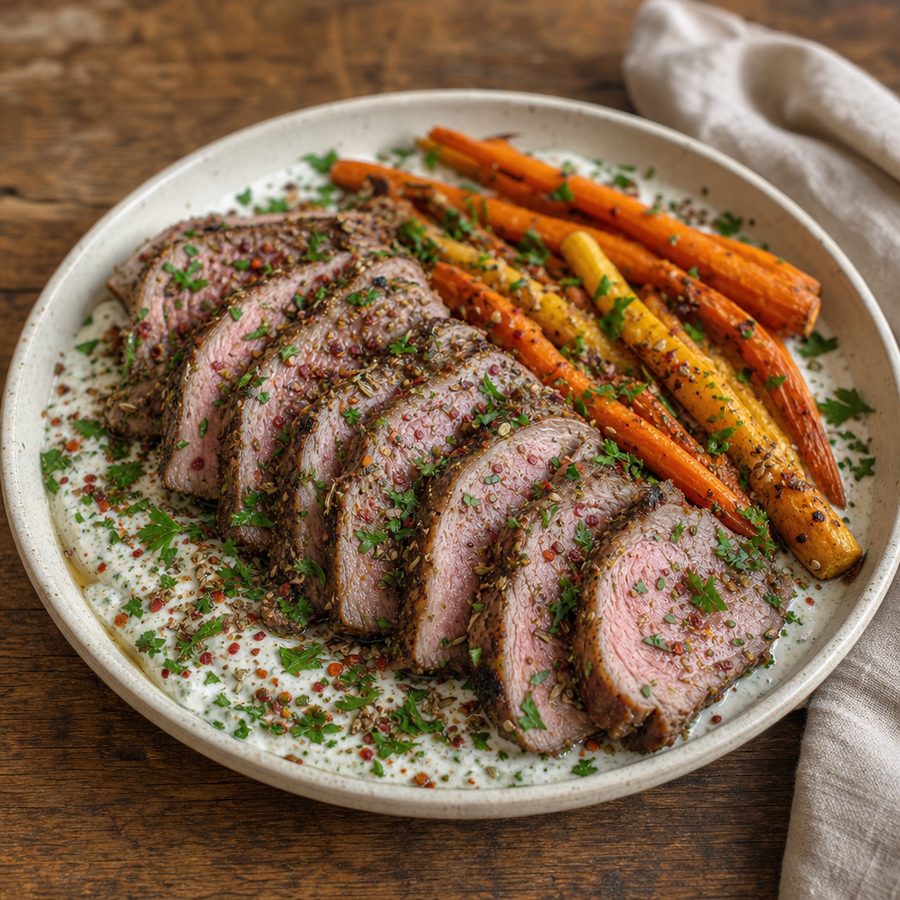 Sliced roast lamb and carrots over mint yogurt sauce