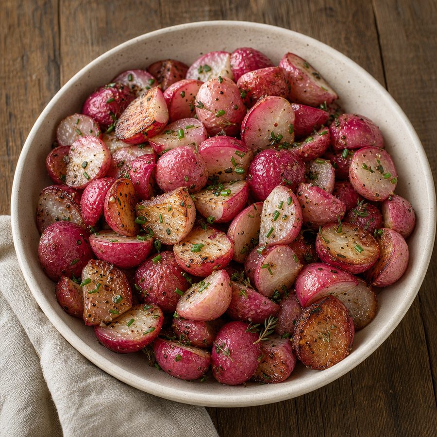 Roasted radishes in thyme brown butter with chives