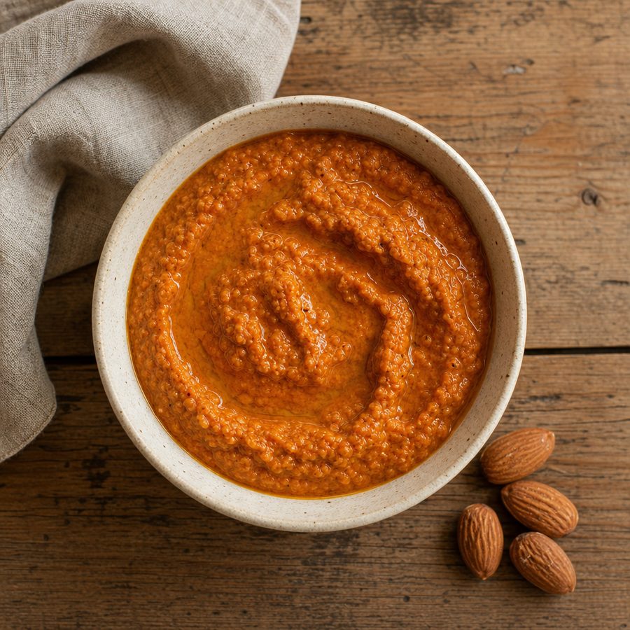 Thick brick-orange romesco sauce in a small bowl