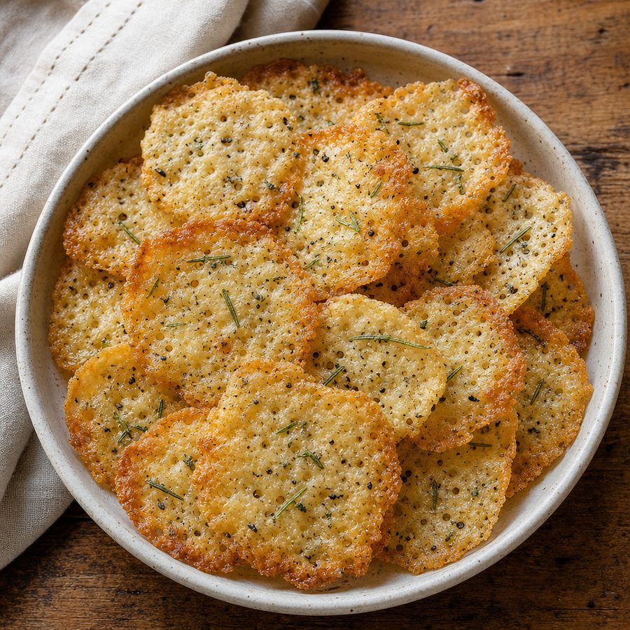 Lacy golden parmesan crisps with rosemary and black pepper