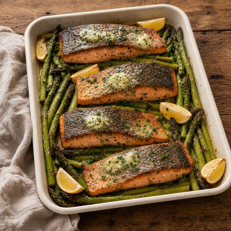 Salmon and asparagus with melting garlic herb butter on a sheet pan