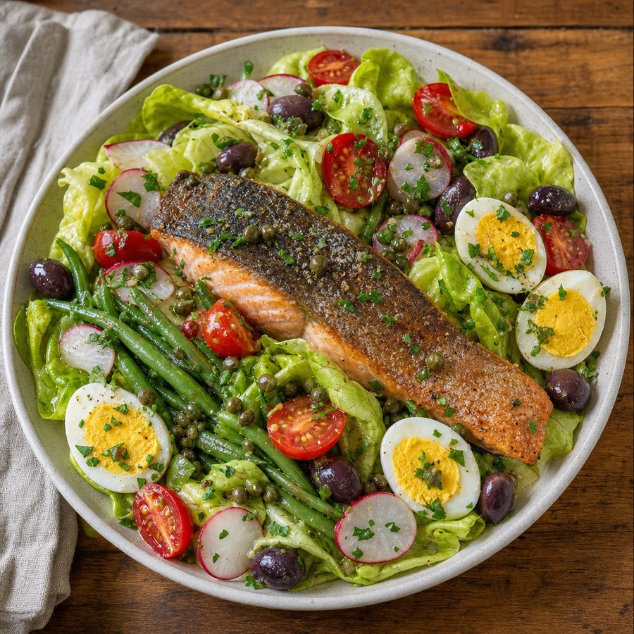 Salmon niçoise salad with eggs, green beans, tomatoes and olives