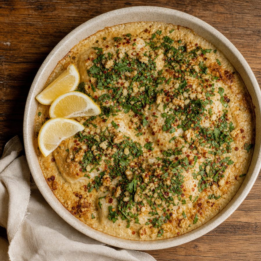 Lebanese spicy fish baked under tahini sauce with cilantro and walnuts