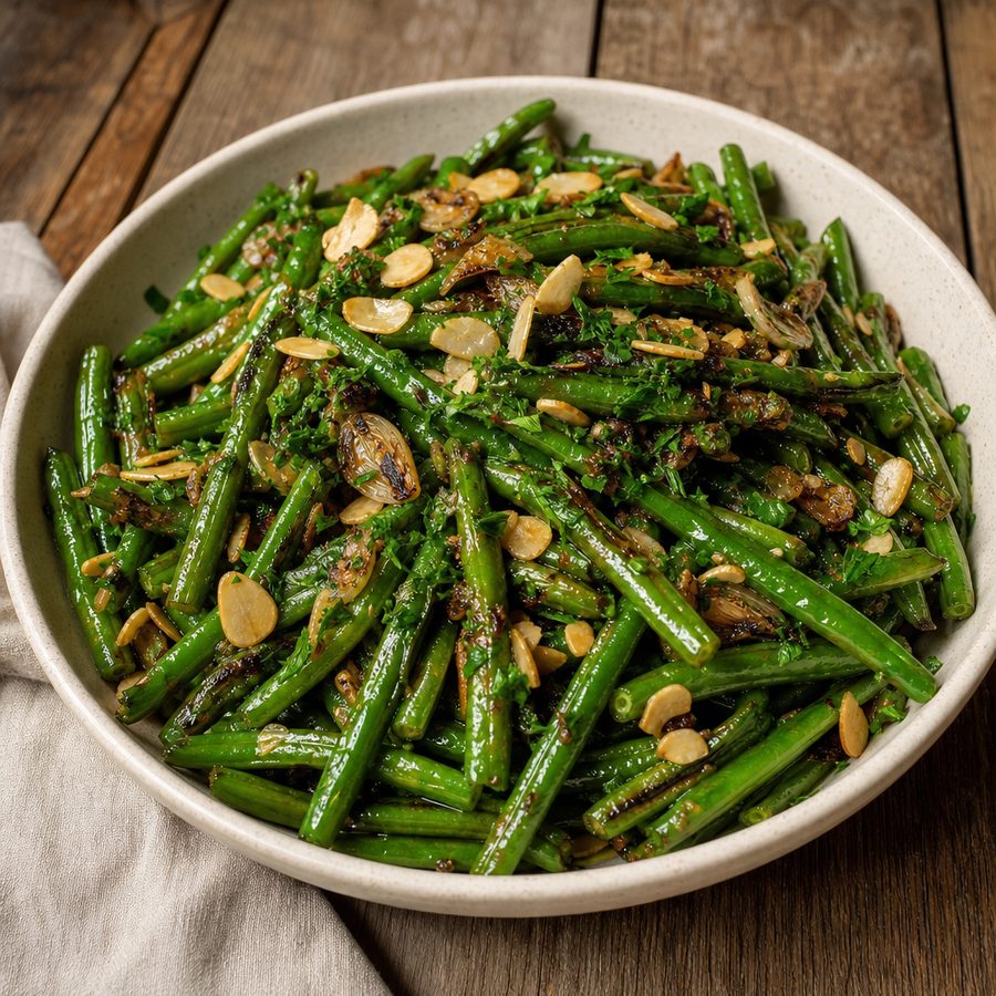 Sautéed green beans with toasted sliced almonds