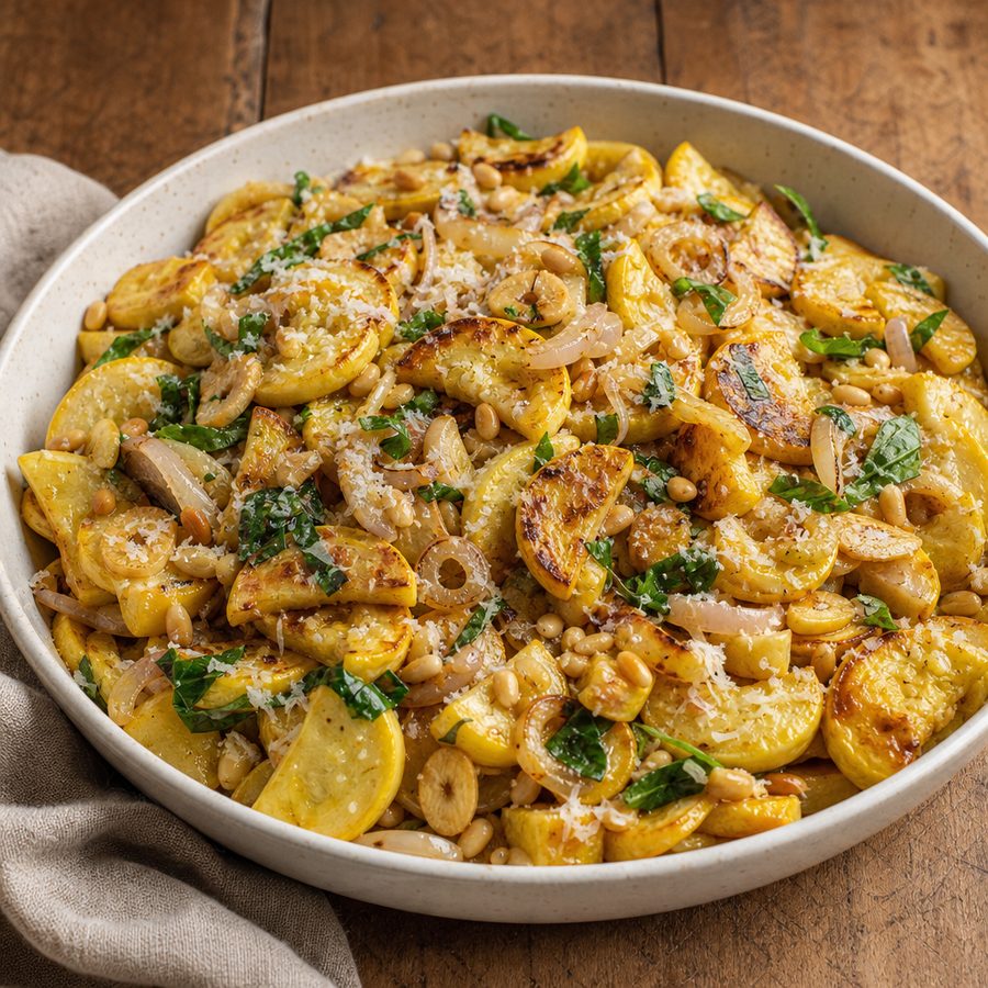 Sautéed yellow summer squash with basil, parmesan and pine nuts