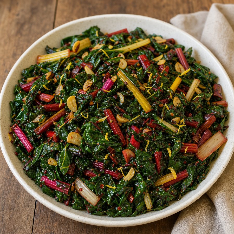 Sautéed rainbow Swiss chard with golden garlic and lemon zest