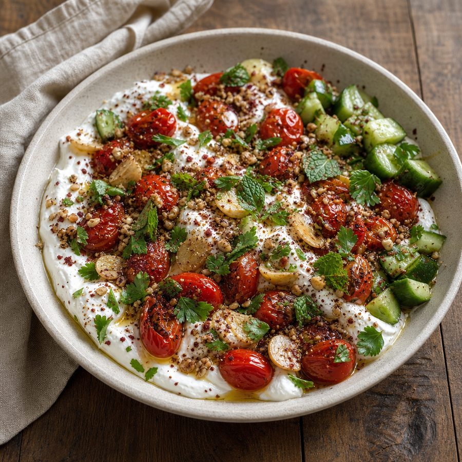 Greek yogurt bowl with blistered tomatoes, cucumber and hazelnut dukkah