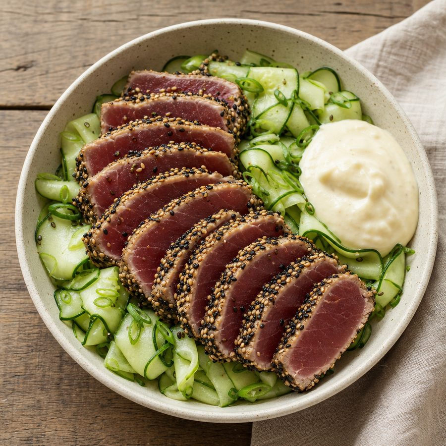 Seared sesame ahi tuna over cucumber ribbons with horseradish aioli
