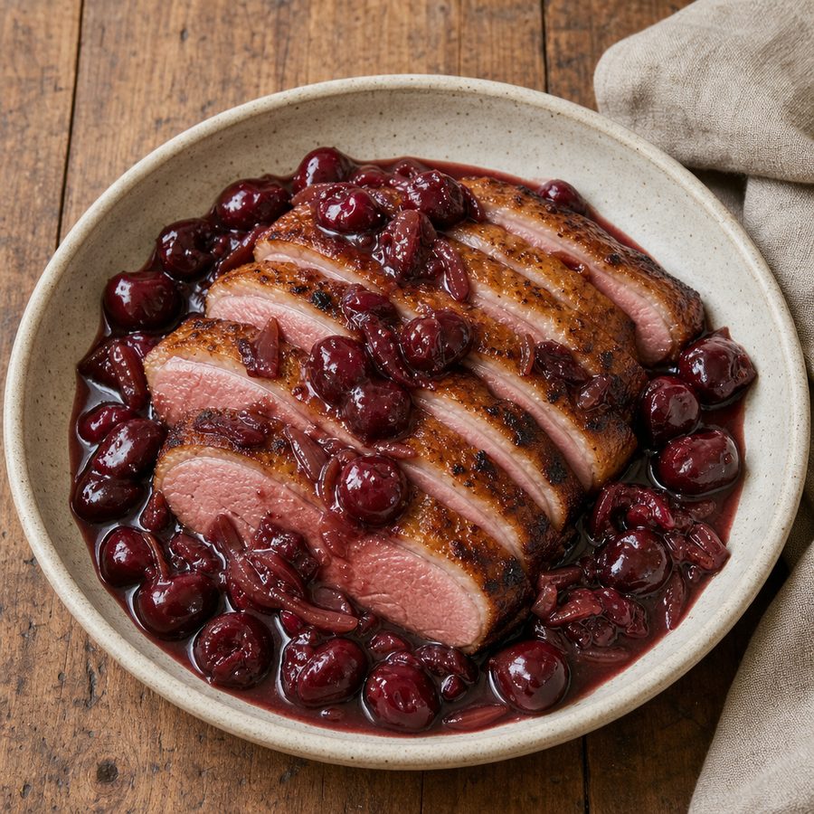 Sliced seared duck breast with cherry pan sauce