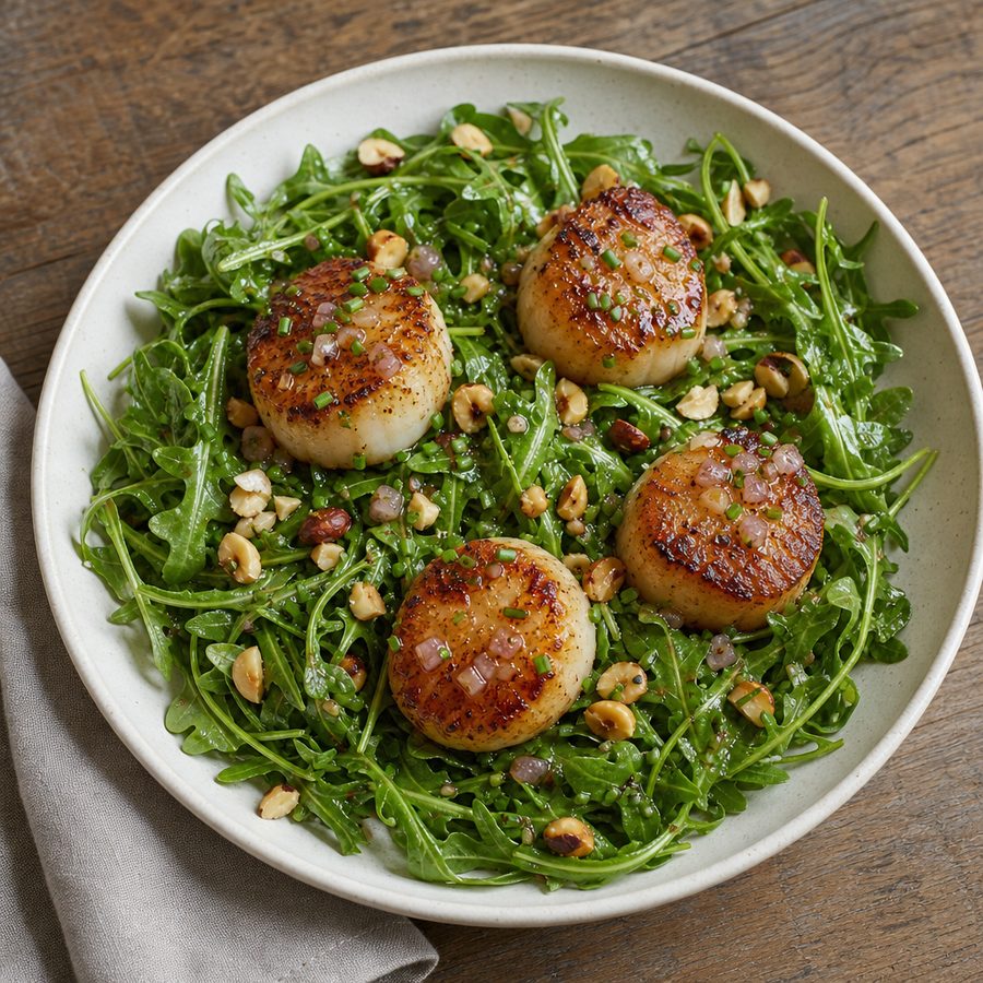 Seared scallops over arugula with lemon brown butter and hazelnuts