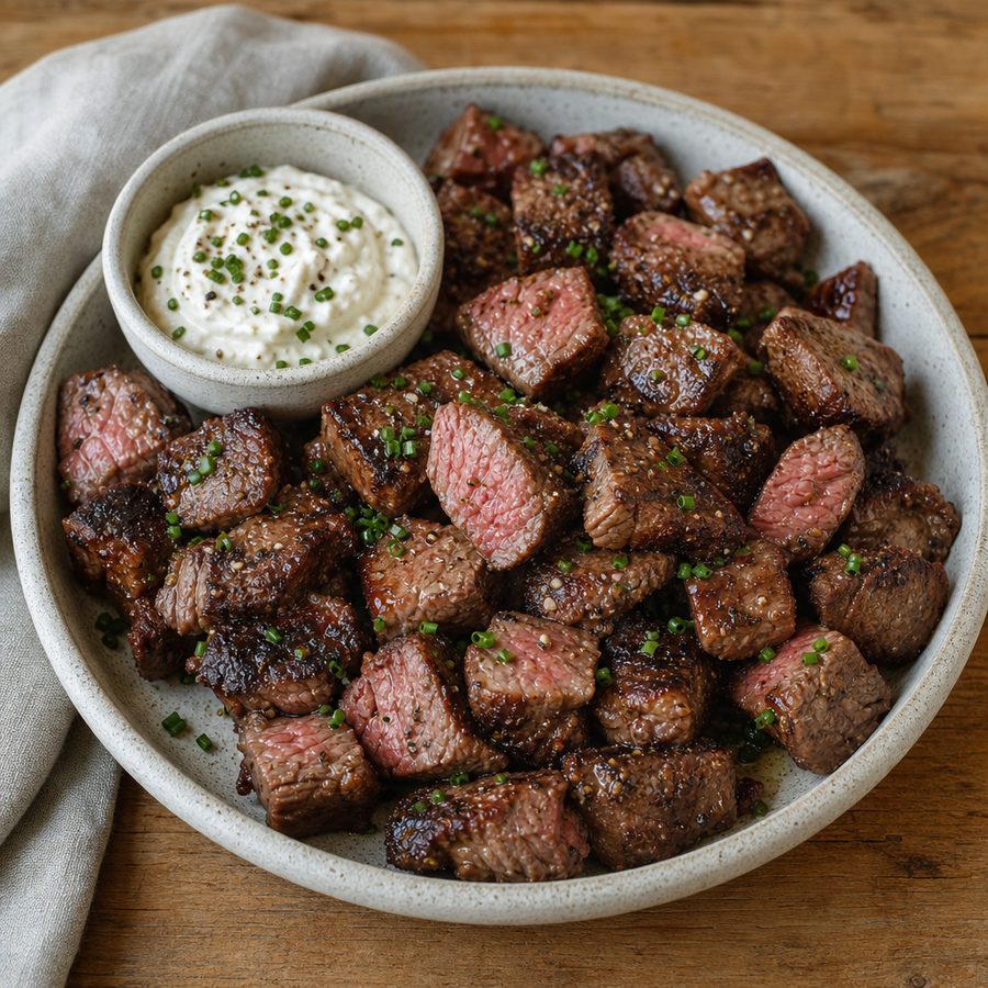 Seared steak bites with horseradish cream for dipping