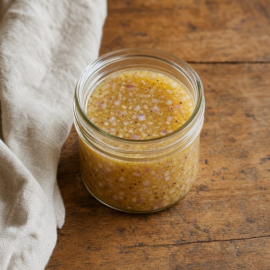 Small glass jar of shallot vinaigrette with minced shallot