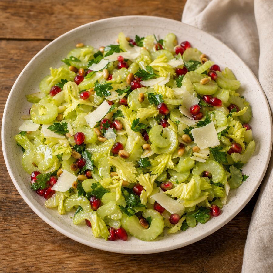 Shaved celery salad with parmesan, pomegranate and pine nuts