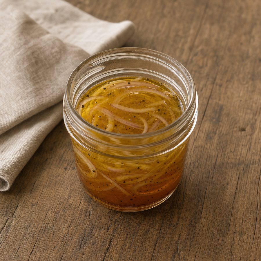 Small jar of sherry vinaigrette with sliced shallot