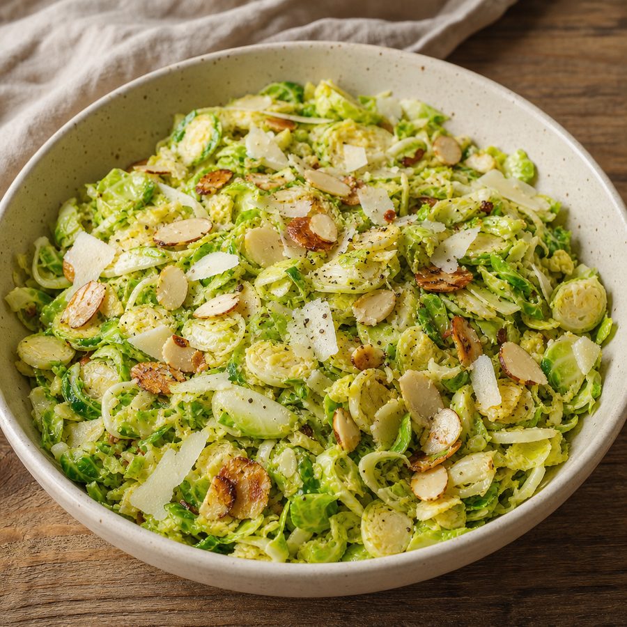 Shaved Brussels sprouts salad with almonds and pecorino