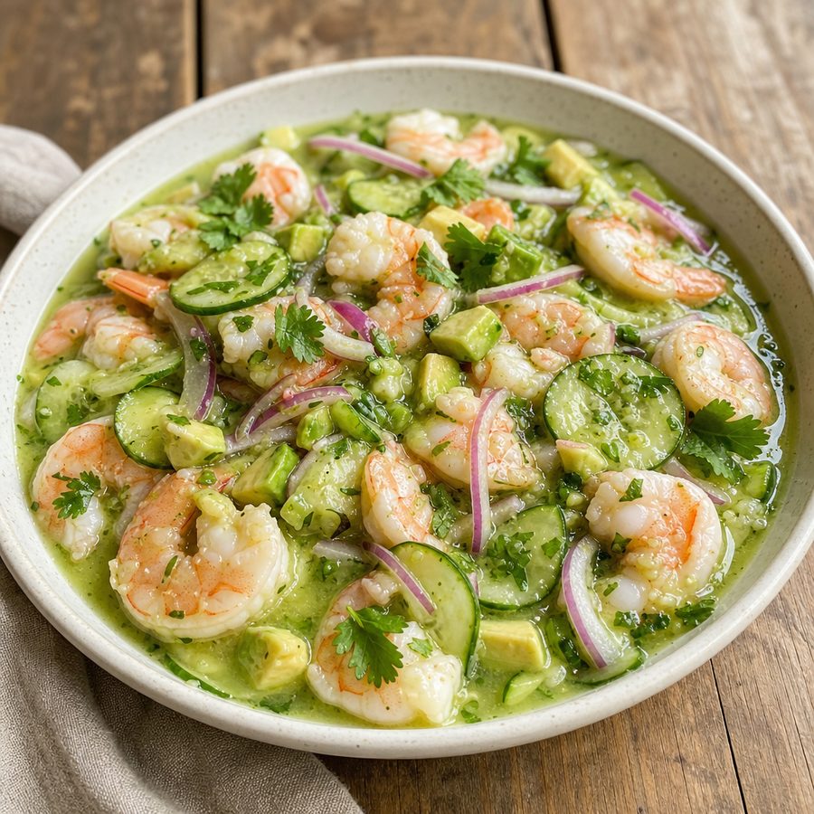 Shrimp aguachile with cucumber, red onion, avocado and cilantro