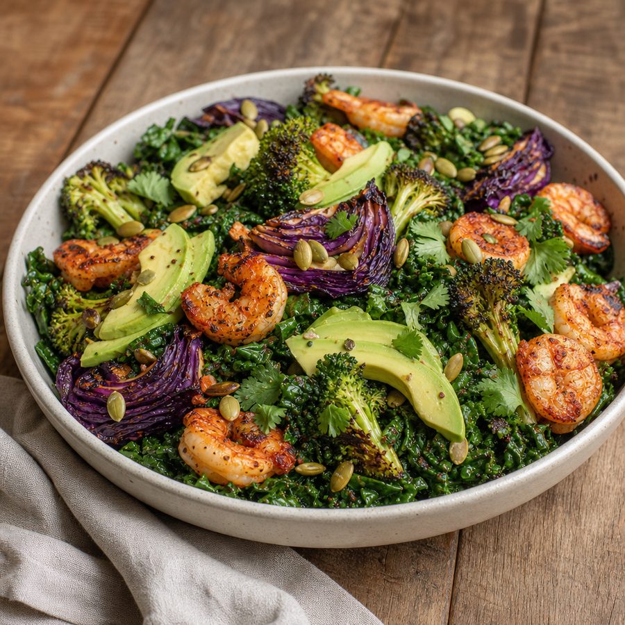 Shrimp and avocado bowl with roasted broccoli, red cabbage and kale