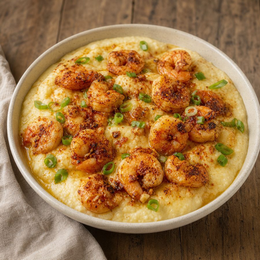 Paprika shrimp over creamy cauliflower grits with scallions