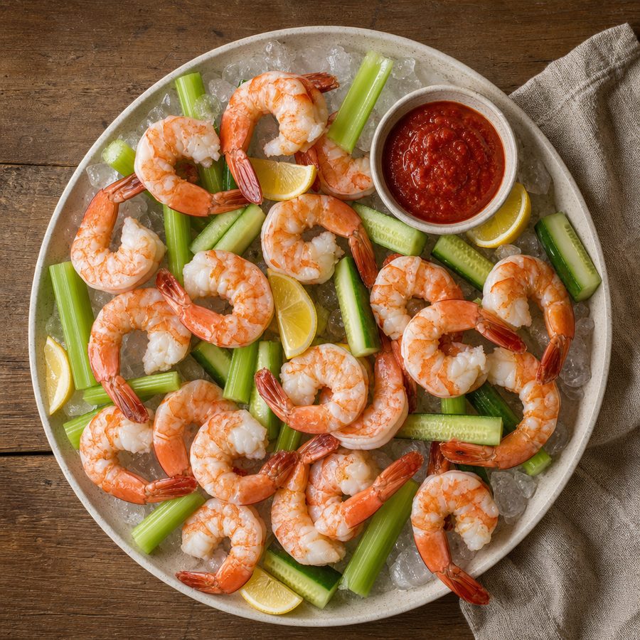 Shrimp cocktail on ice with celery, cucumber and horseradish sauce