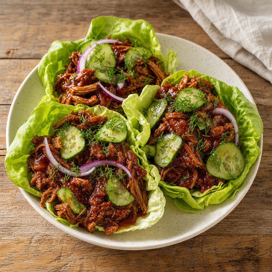 BBQ pulled pork in butter lettuce cups with pickled cucumbers