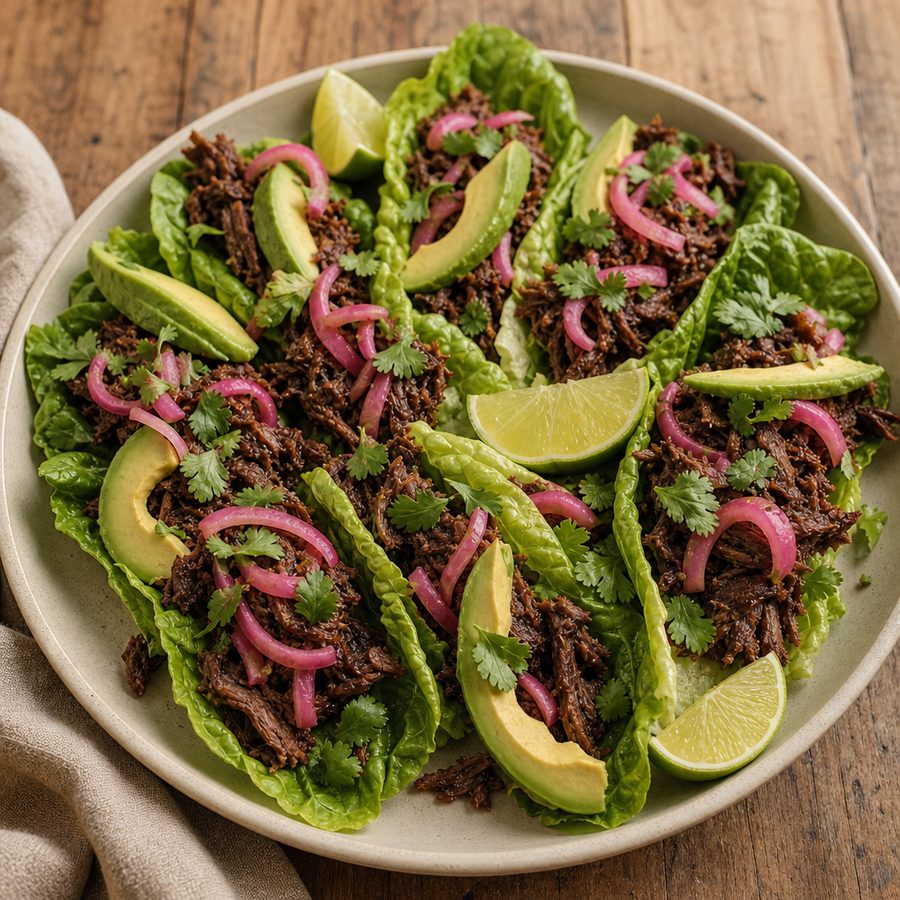 Beef barbacoa in romaine leaves with avocado and pickled onion