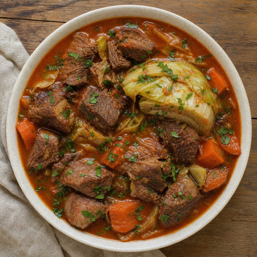 Braised beef and cabbage wedges in paprika garlic broth